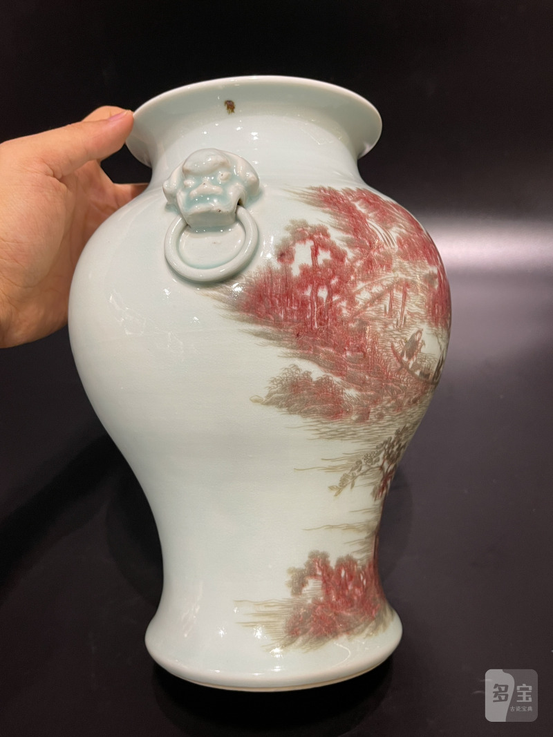 清中期 釉里红山水人物图铺首尊 - 图7